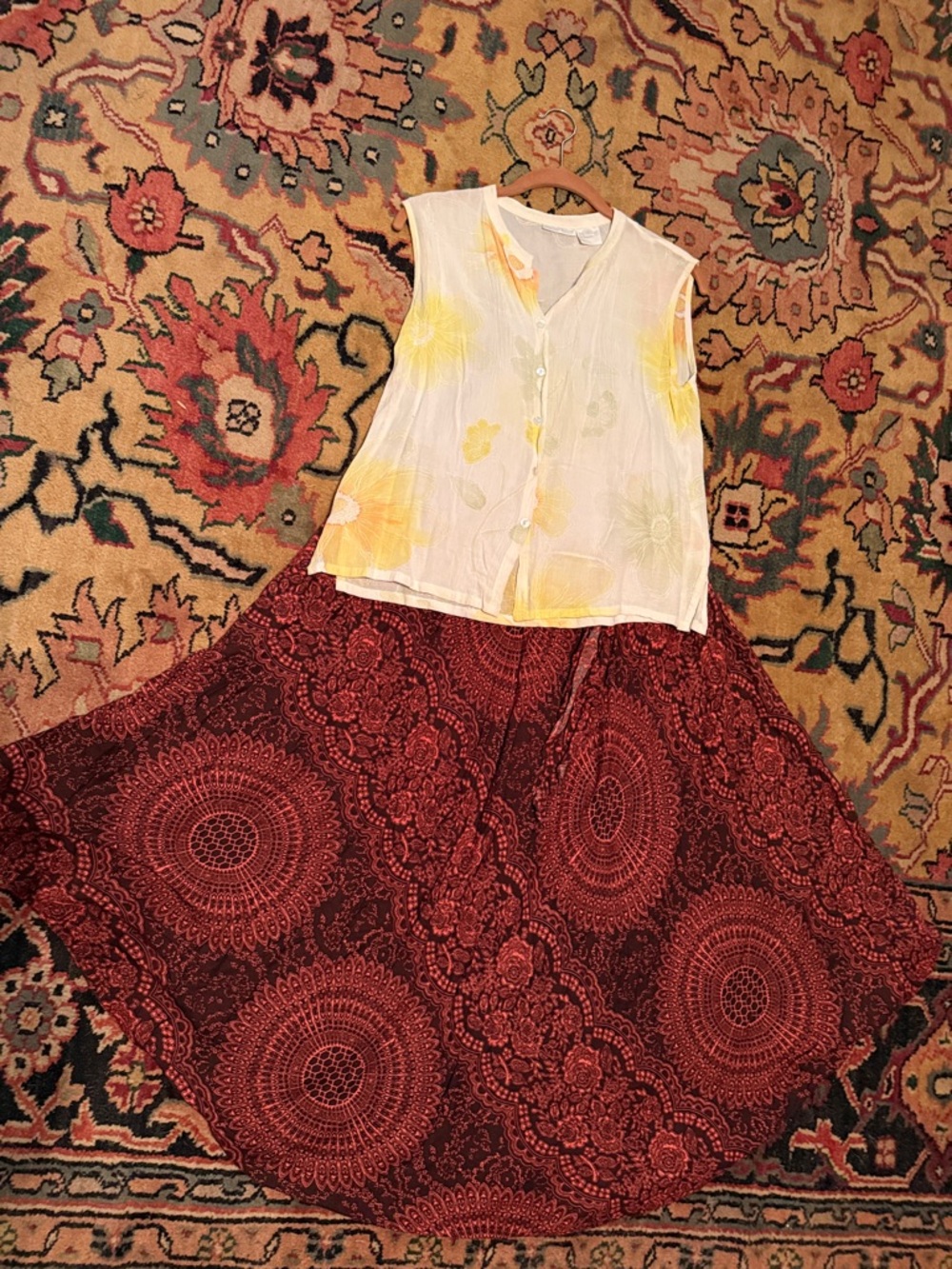 Sleeveless Floral Button Front rayon Top & rayon print skirt stretches to 35”